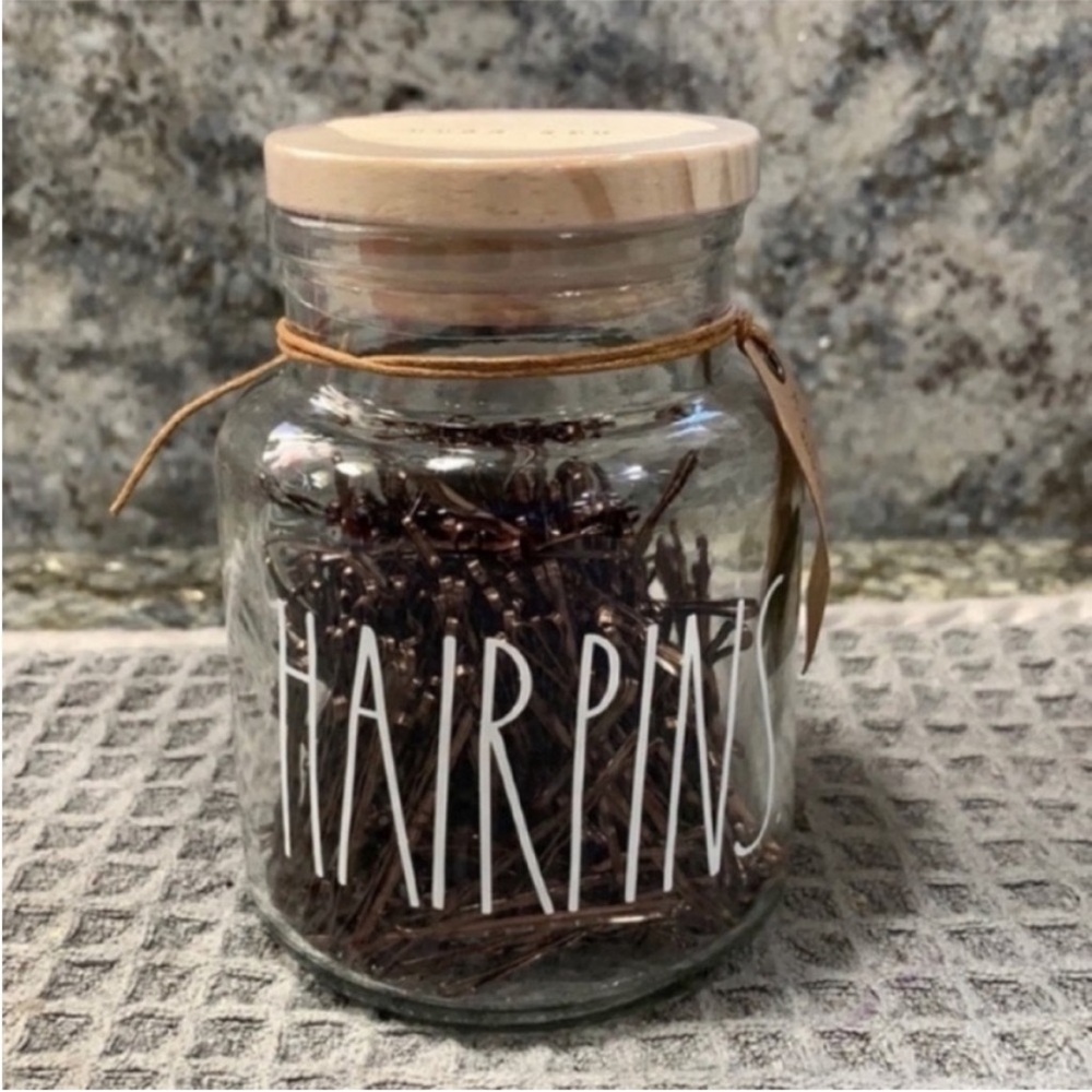 NWT Rae Dunn “HAIRPINS” Glass Storage Jar with Wooden Lid